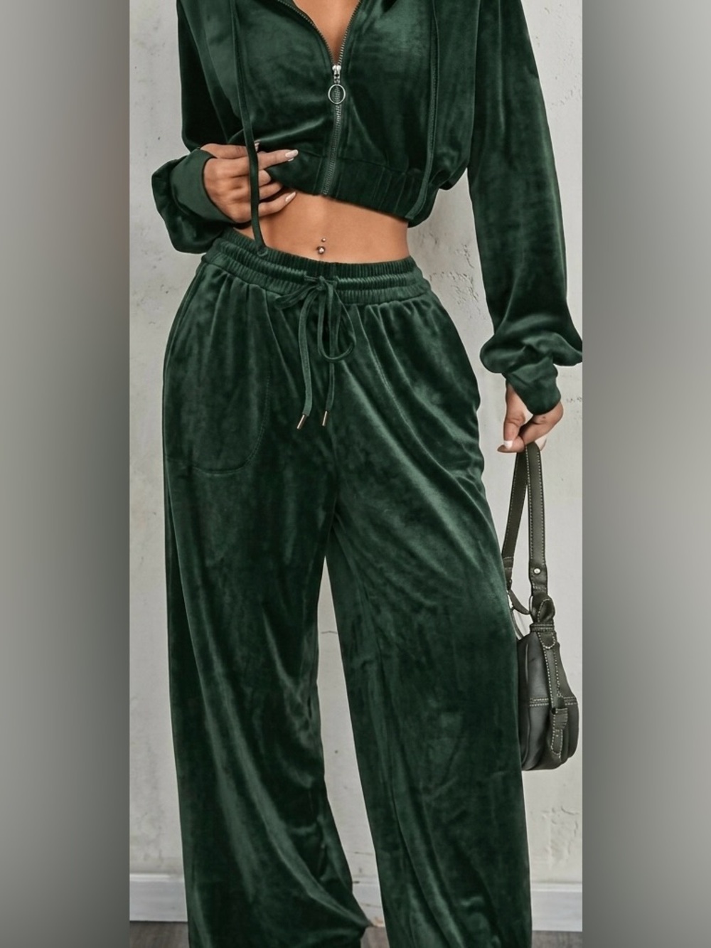 Velvet Wide-Leg Lounge wear pair, jacket and pants in Dark olive Green